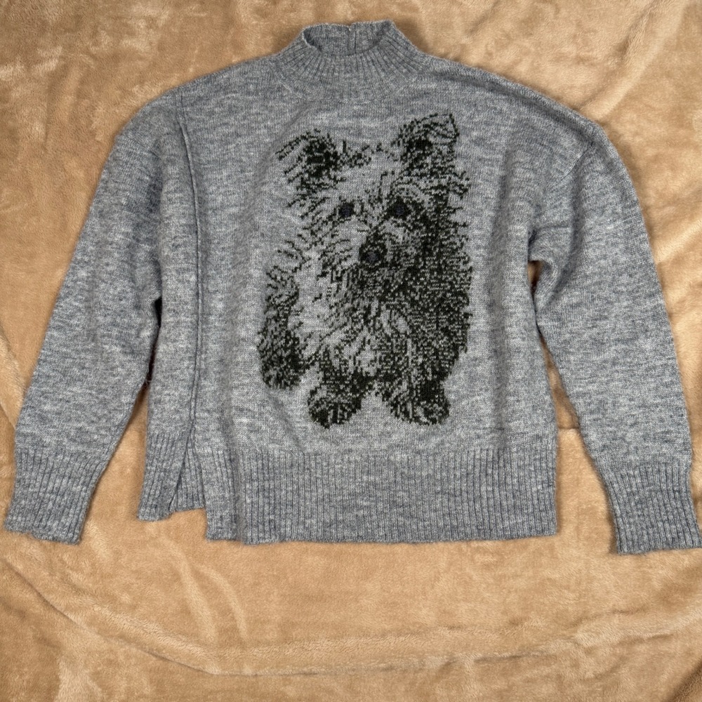 Moth Anthropologie Gray Dog Intarsia Wool Blend Mock Neck Sweater XS